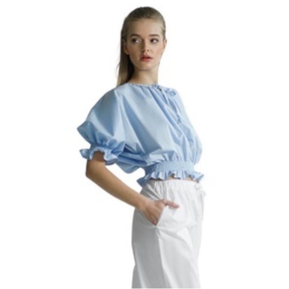 MONICA NERA Paris Poplin Ruffled Blouse Size S Navy Blue Smocked Cropped Minimal - Picture 1 of 8